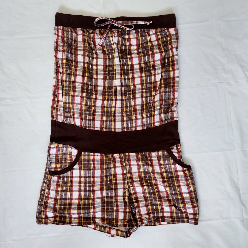 MKM Designs Plaid Strapless Brown Romper Jumpsuit, Med